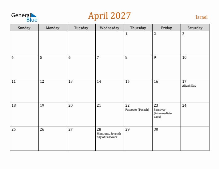 April 2027 Holiday Calendar with Sunday Start