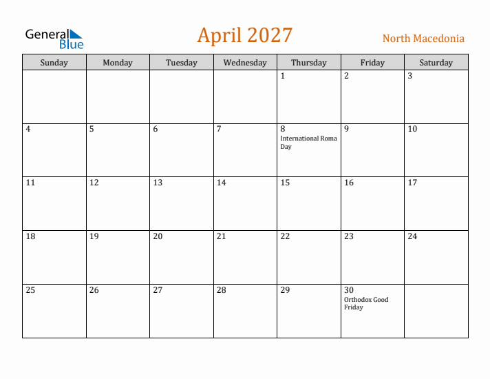 April 2027 Holiday Calendar with Sunday Start