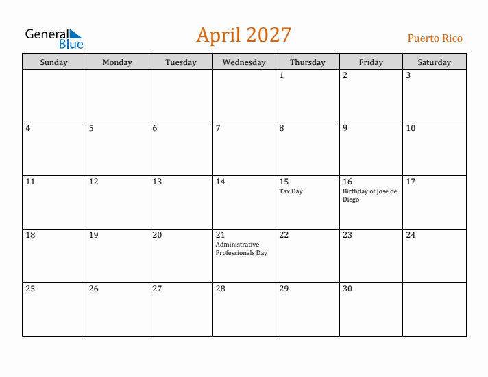April 2027 Holiday Calendar with Sunday Start