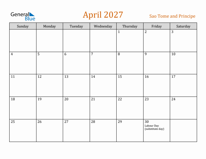 April 2027 Holiday Calendar with Sunday Start