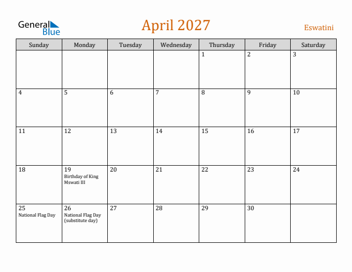 April 2027 Holiday Calendar with Sunday Start
