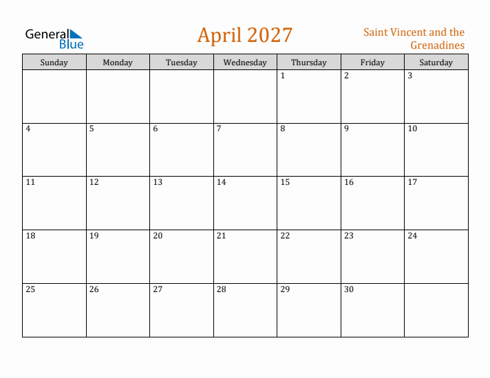 April 2027 Holiday Calendar with Sunday Start
