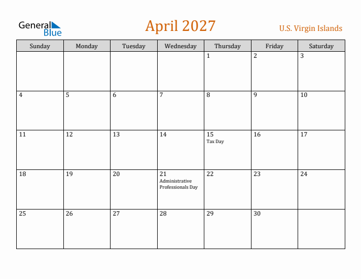 April 2027 Holiday Calendar with Sunday Start