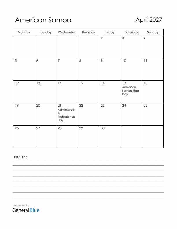 April 2027 American Samoa Calendar with Holidays (Monday Start)