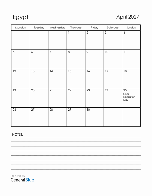 April 2027 Egypt Calendar with Holidays (Monday Start)