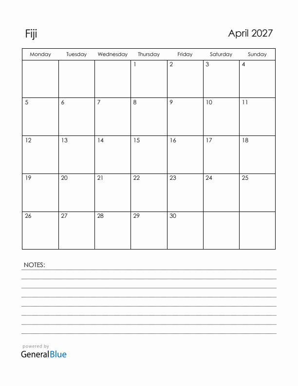 April 2027 Fiji Calendar with Holidays (Monday Start)