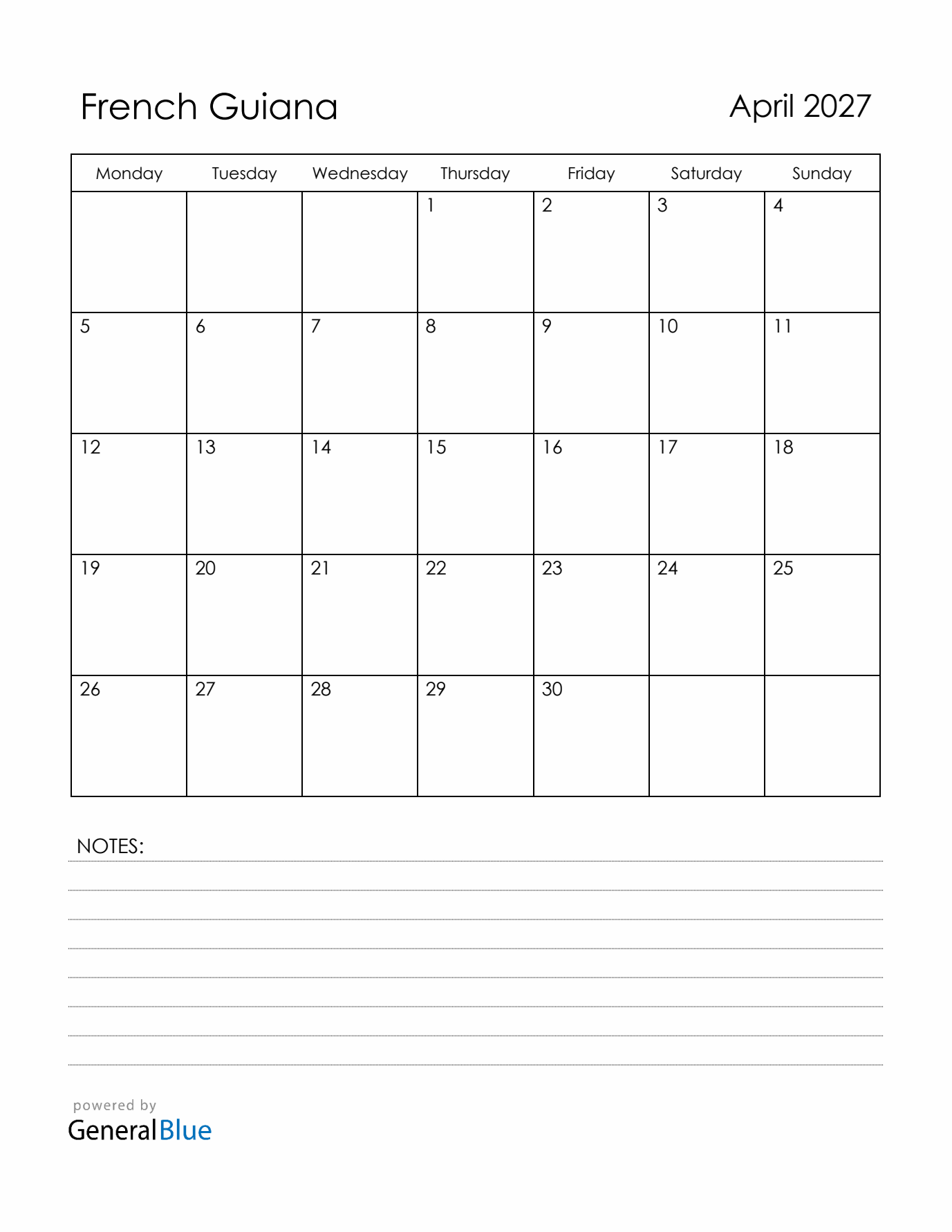 April 2027 French Guiana Calendar with Holidays (Monday Start)