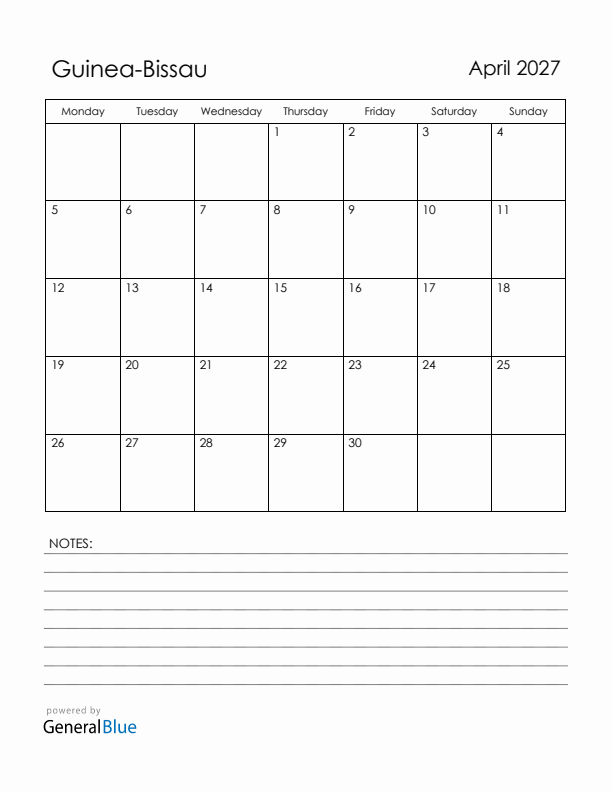 April 2027 Guinea-Bissau Calendar with Holidays (Monday Start)