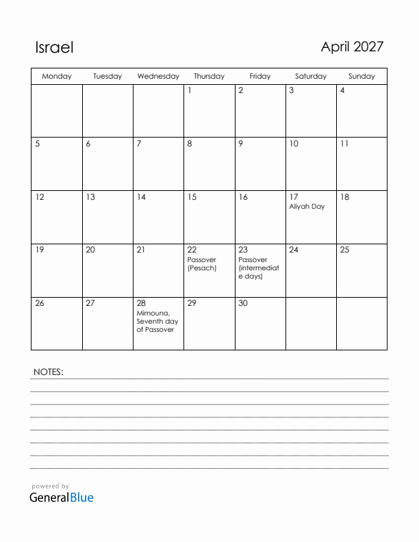 April 2027 Israel Calendar with Holidays (Monday Start)