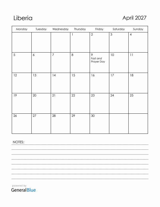 April 2027 Liberia Calendar with Holidays (Monday Start)