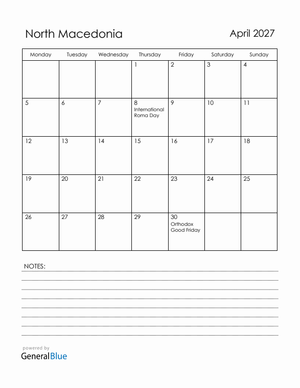 April 2027 North Macedonia Calendar with Holidays (Monday Start)