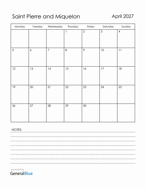 April 2027 Saint Pierre and Miquelon Calendar with Holidays (Monday Start)