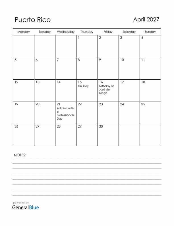 April 2027 Puerto Rico Calendar with Holidays (Monday Start)