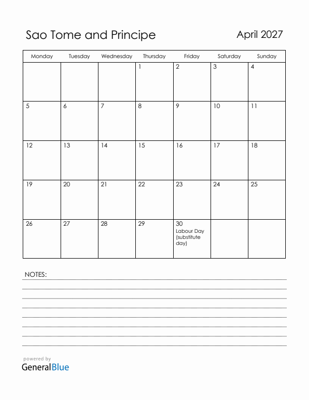 April 2027 Sao Tome and Principe Calendar with Holidays (Monday Start)