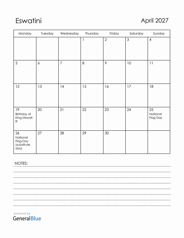 April 2027 Eswatini Calendar with Holidays (Monday Start)