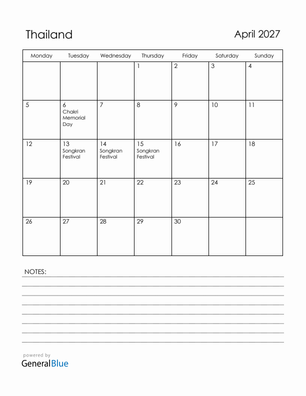 April 2027 Thailand Calendar with Holidays (Monday Start)