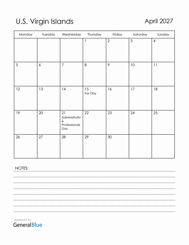 April 2027 U.S. Virgin Islands Calendar with Holidays (Monday Start)