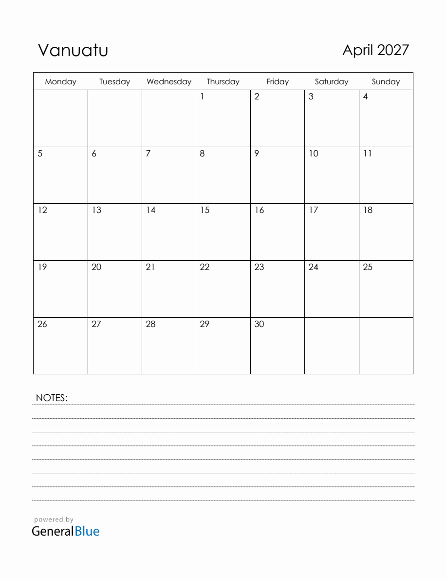 April 2027 Vanuatu Calendar with Holidays (Monday Start)