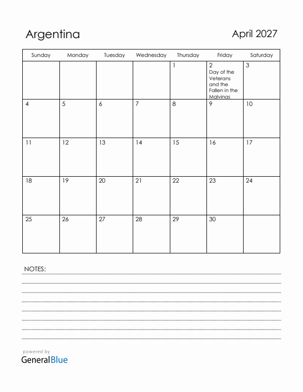 April 2027 Argentina Calendar with Holidays (Sunday Start)
