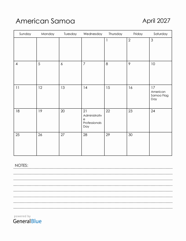April 2027 American Samoa Calendar with Holidays (Sunday Start)
