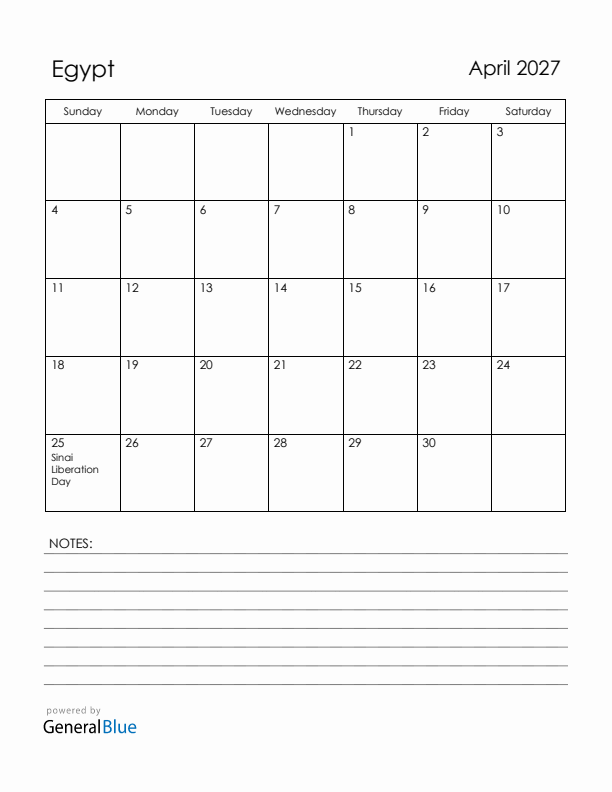 April 2027 Egypt Calendar with Holidays (Sunday Start)