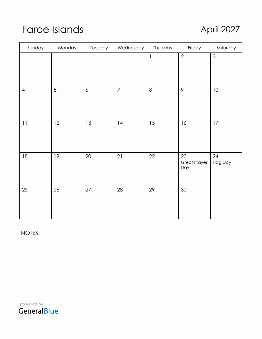 April 2027 Faroe Islands Calendar with Holidays