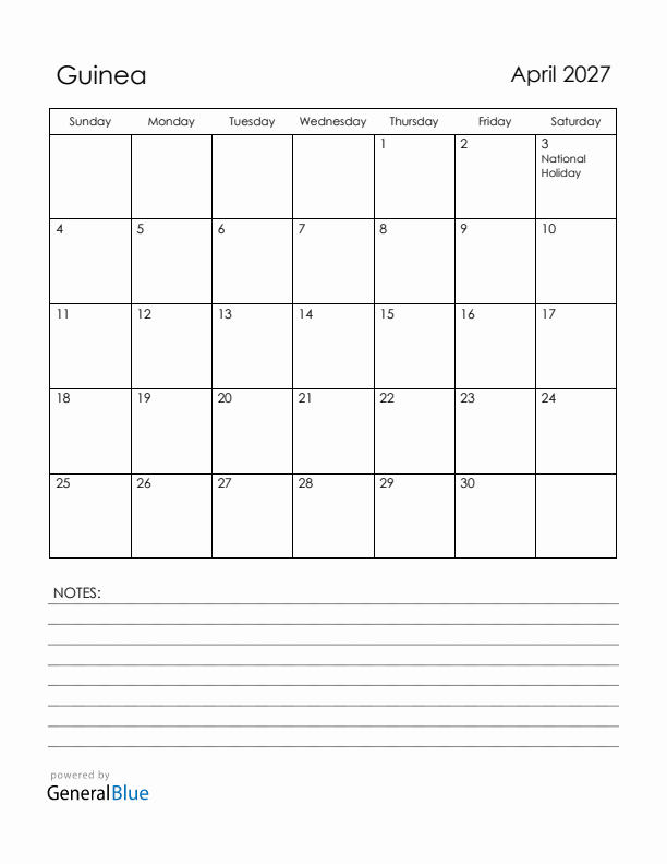 April 2027 Guinea Calendar with Holidays (Sunday Start)