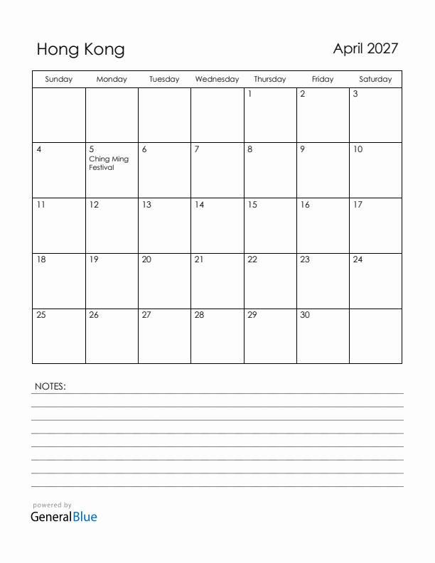 April 2027 Hong Kong Calendar with Holidays (Sunday Start)