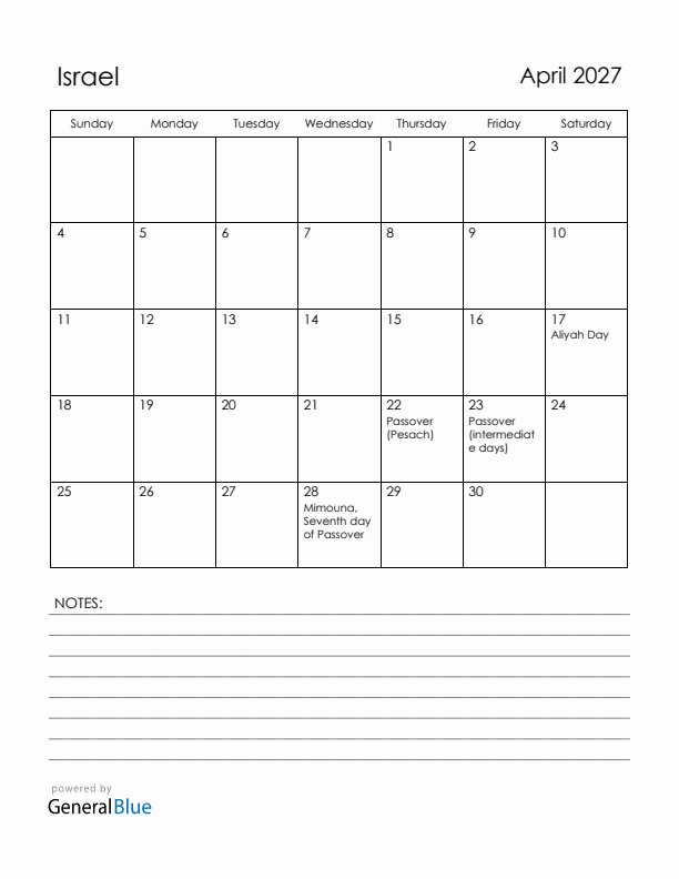 April 2027 Israel Calendar with Holidays (Sunday Start)