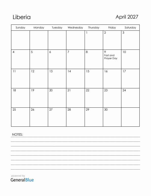 April 2027 Liberia Calendar with Holidays (Sunday Start)
