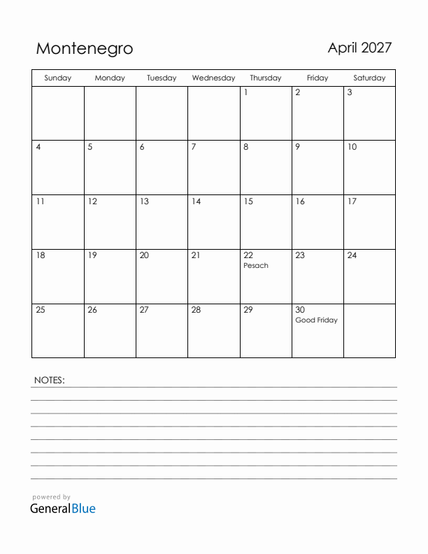 April 2027 Montenegro Calendar with Holidays (Sunday Start)