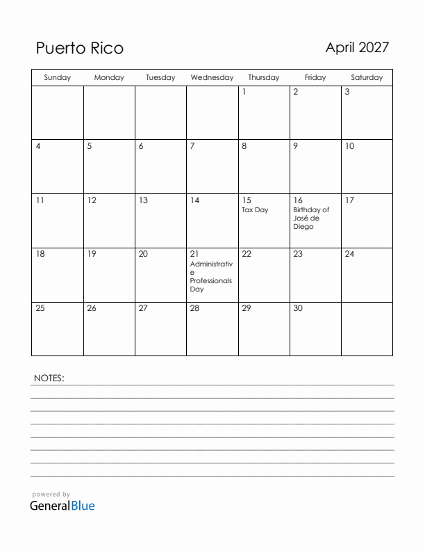 April 2027 Puerto Rico Calendar with Holidays (Sunday Start)