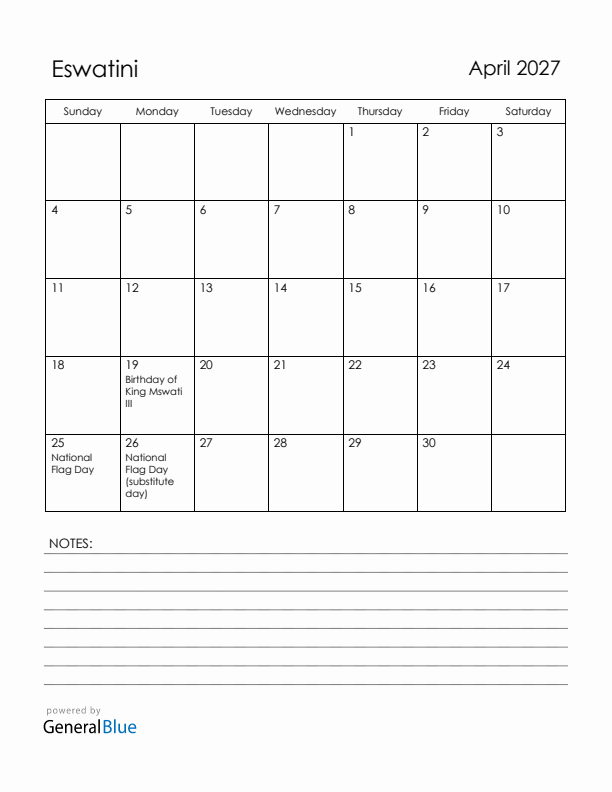 April 2027 Eswatini Calendar with Holidays (Sunday Start)