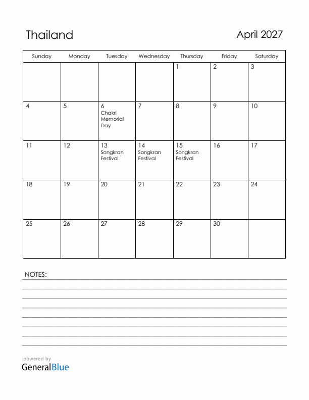 April 2027 Thailand Calendar with Holidays (Sunday Start)
