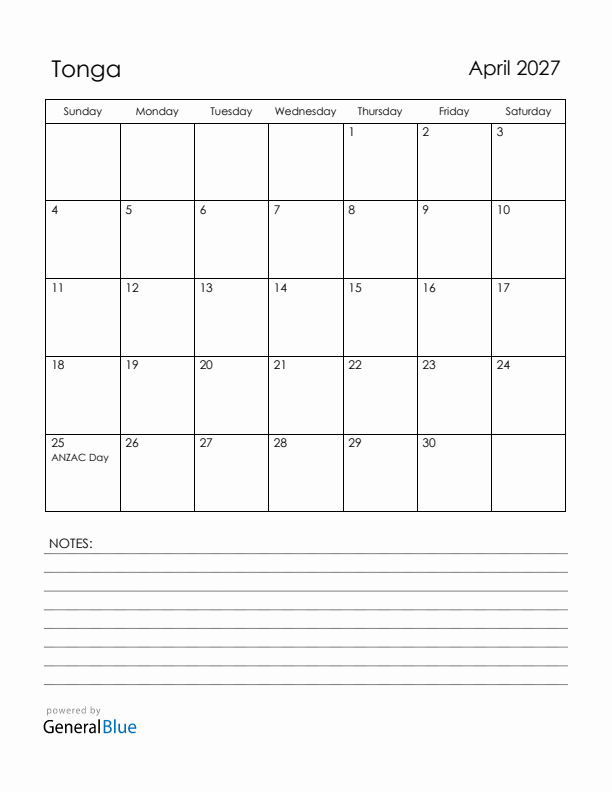 April 2027 Tonga Calendar with Holidays (Sunday Start)