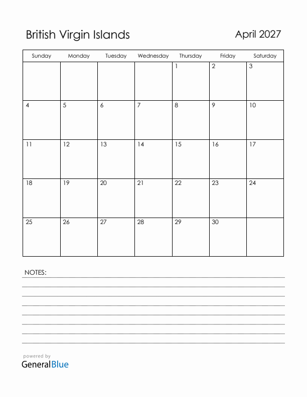 April 2027 British Virgin Islands Calendar with Holidays (Sunday Start)