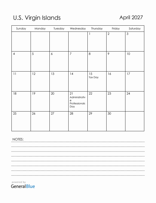 April 2027 U.S. Virgin Islands Calendar with Holidays (Sunday Start)