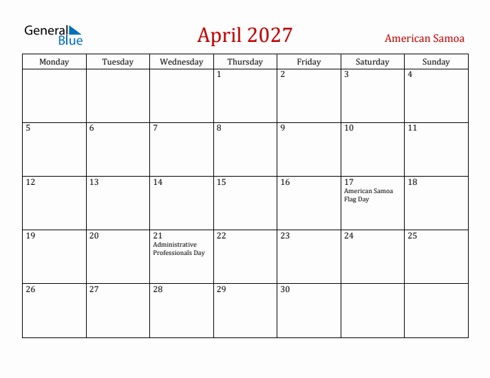 American Samoa April 2027 Calendar - Monday Start
