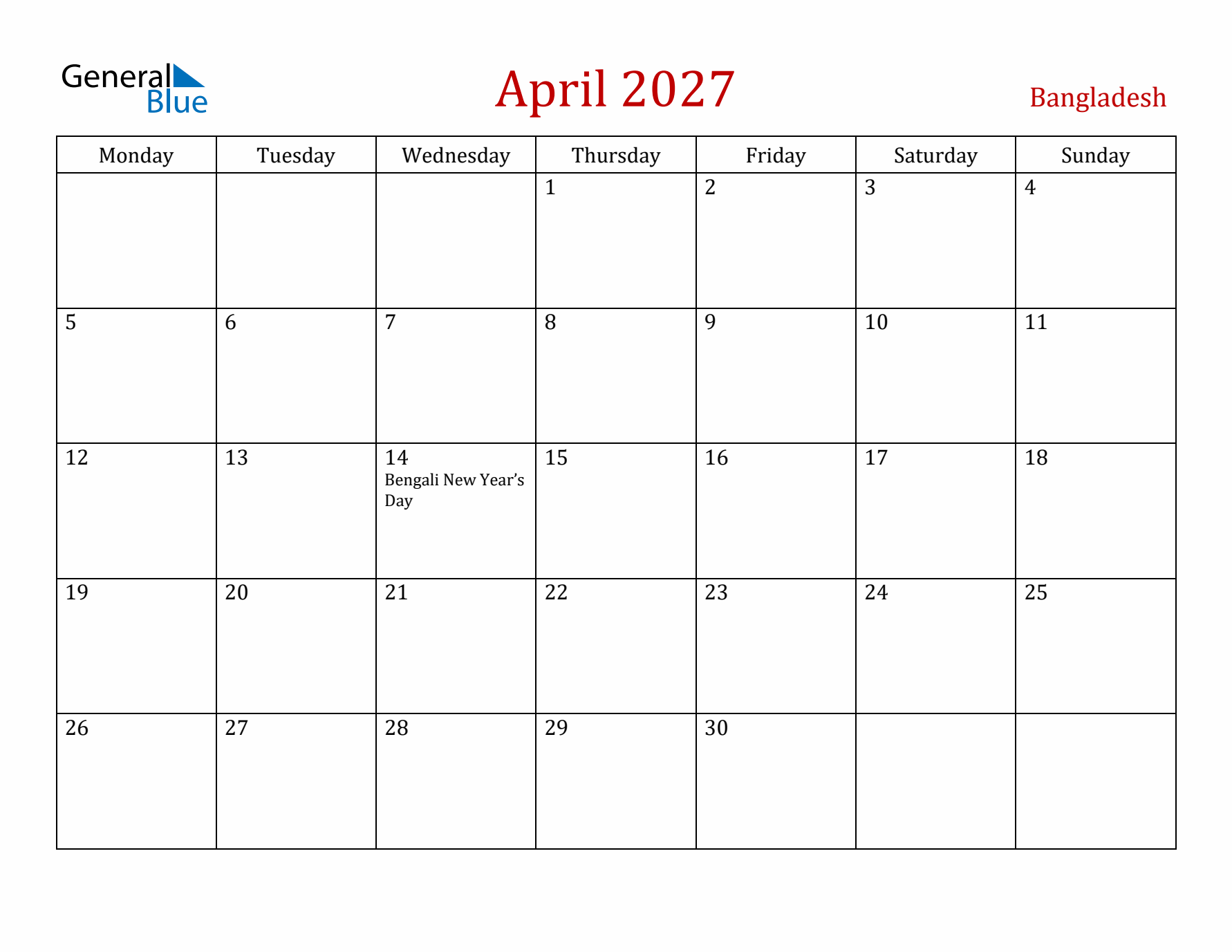 Bangladesh April 2027 Calendar - Monday Start