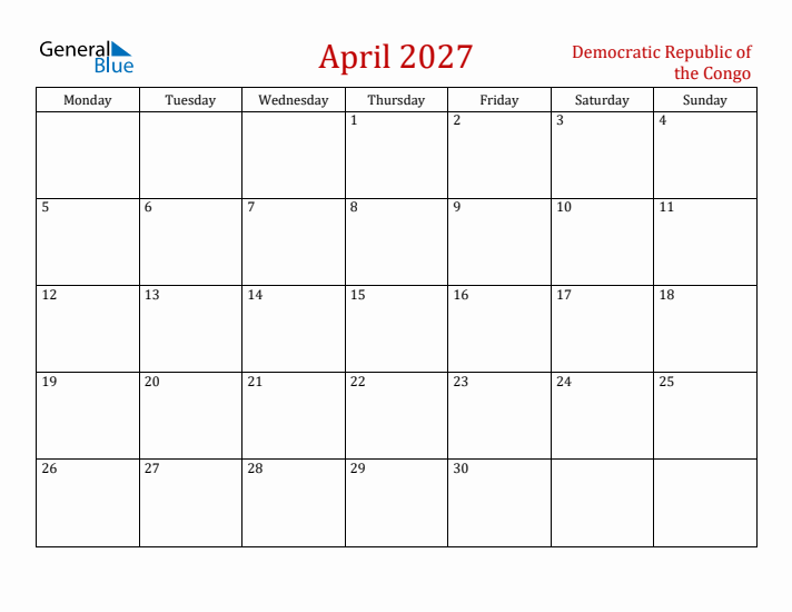 Democratic Republic of the Congo April 2027 Calendar - Monday Start