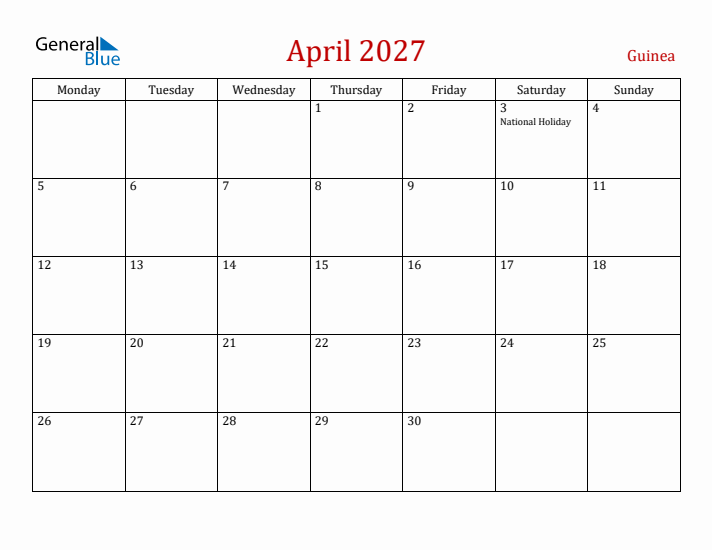 Guinea April 2027 Calendar - Monday Start