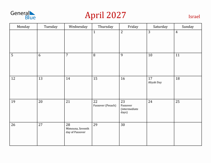 Israel April 2027 Calendar - Monday Start