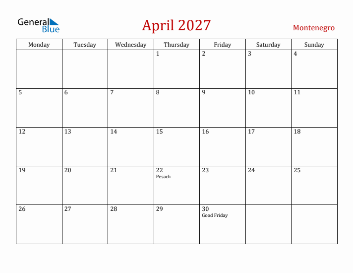 Montenegro April 2027 Calendar - Monday Start