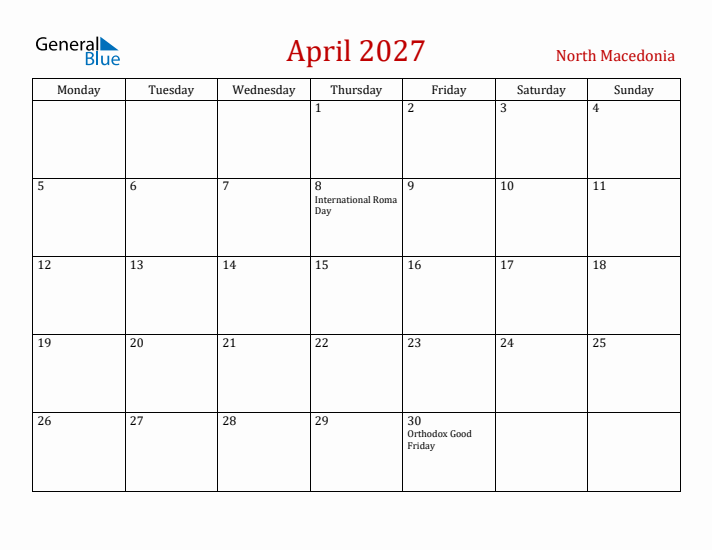North Macedonia April 2027 Calendar - Monday Start