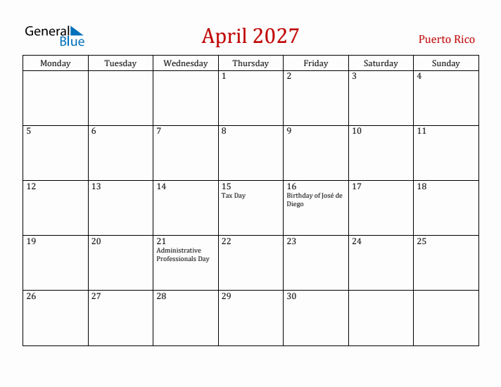 Puerto Rico April 2027 Calendar - Monday Start