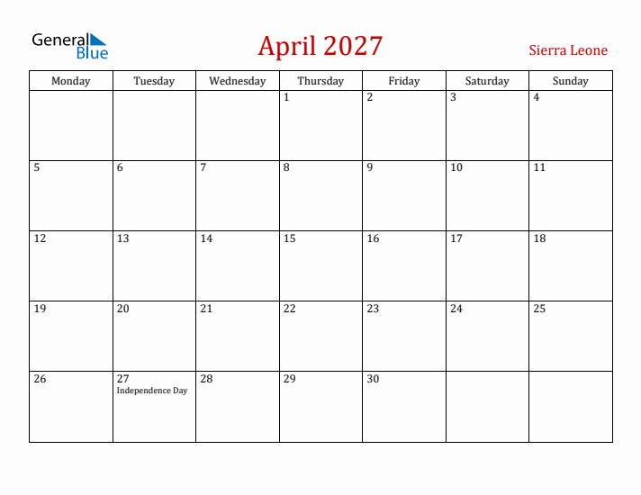 Sierra Leone April 2027 Calendar - Monday Start