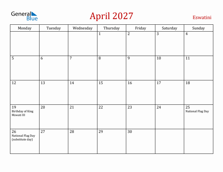 Eswatini April 2027 Calendar - Monday Start