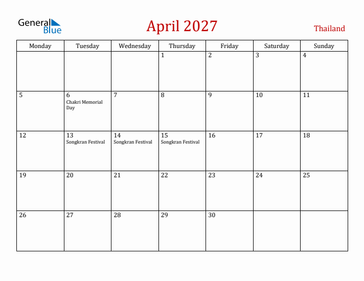 Thailand April 2027 Calendar - Monday Start