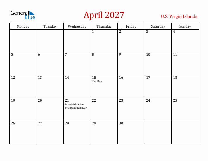 U.S. Virgin Islands April 2027 Calendar - Monday Start