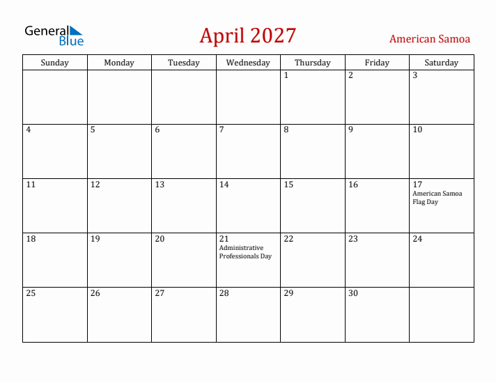 American Samoa April 2027 Calendar - Sunday Start